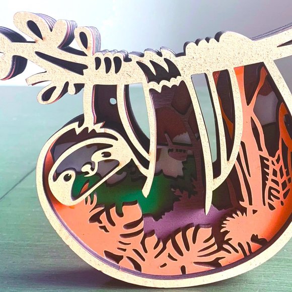 Colorful Jungle Sloth Hanging from Tree 3D Wood Wooden Shadow Box Diorama New - Picture 1 of 9